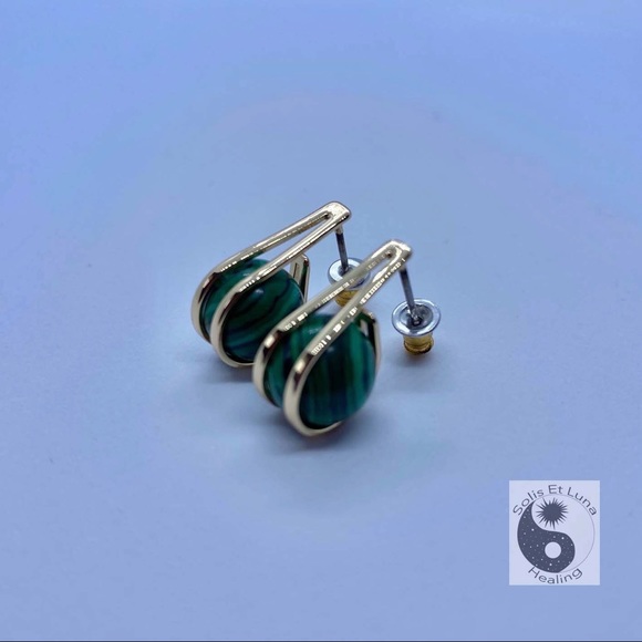 18K Gold Plated Malachite Bead Earrings - Picture 1 of 3